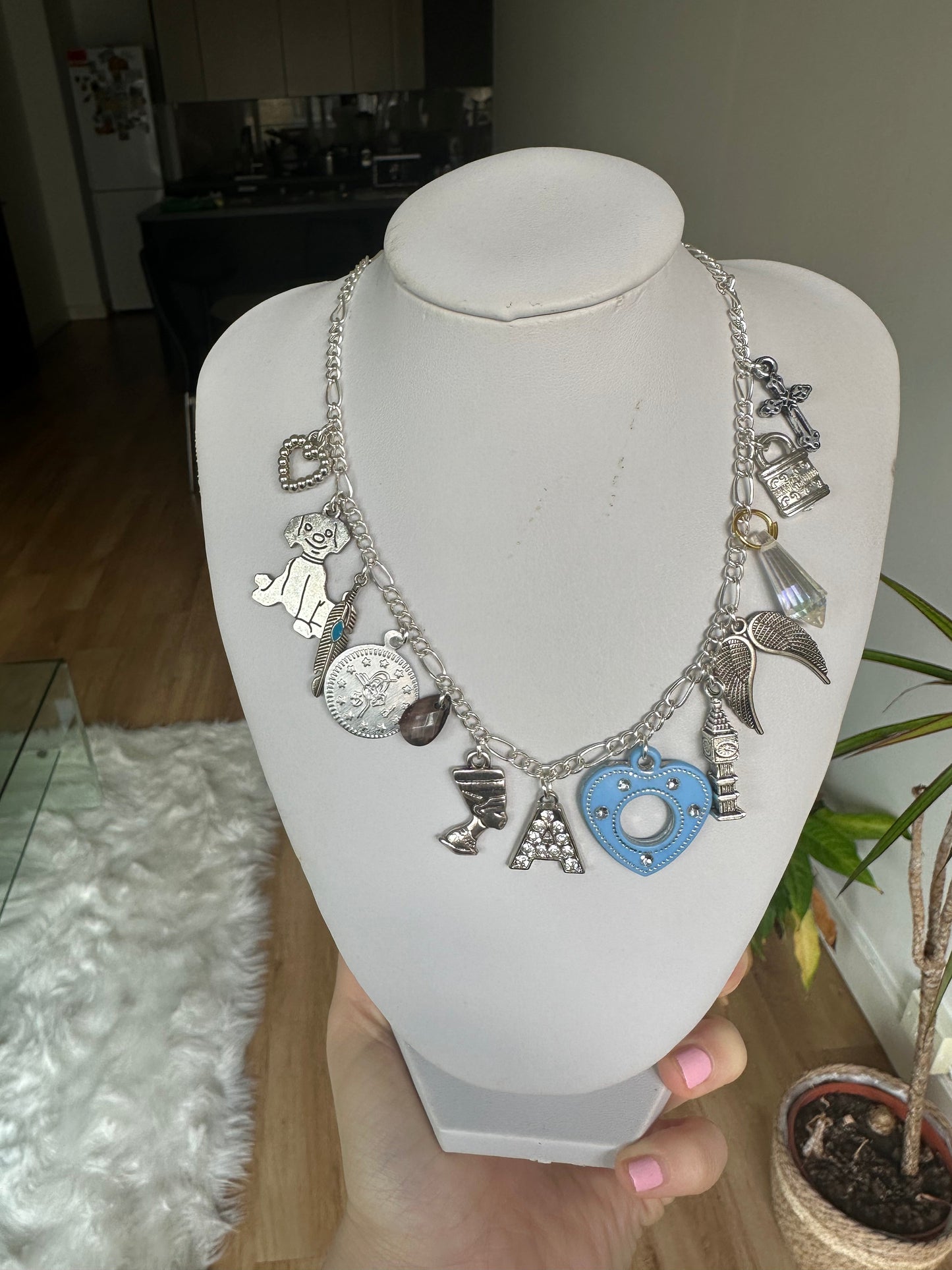 Silver multi charm initial necklace