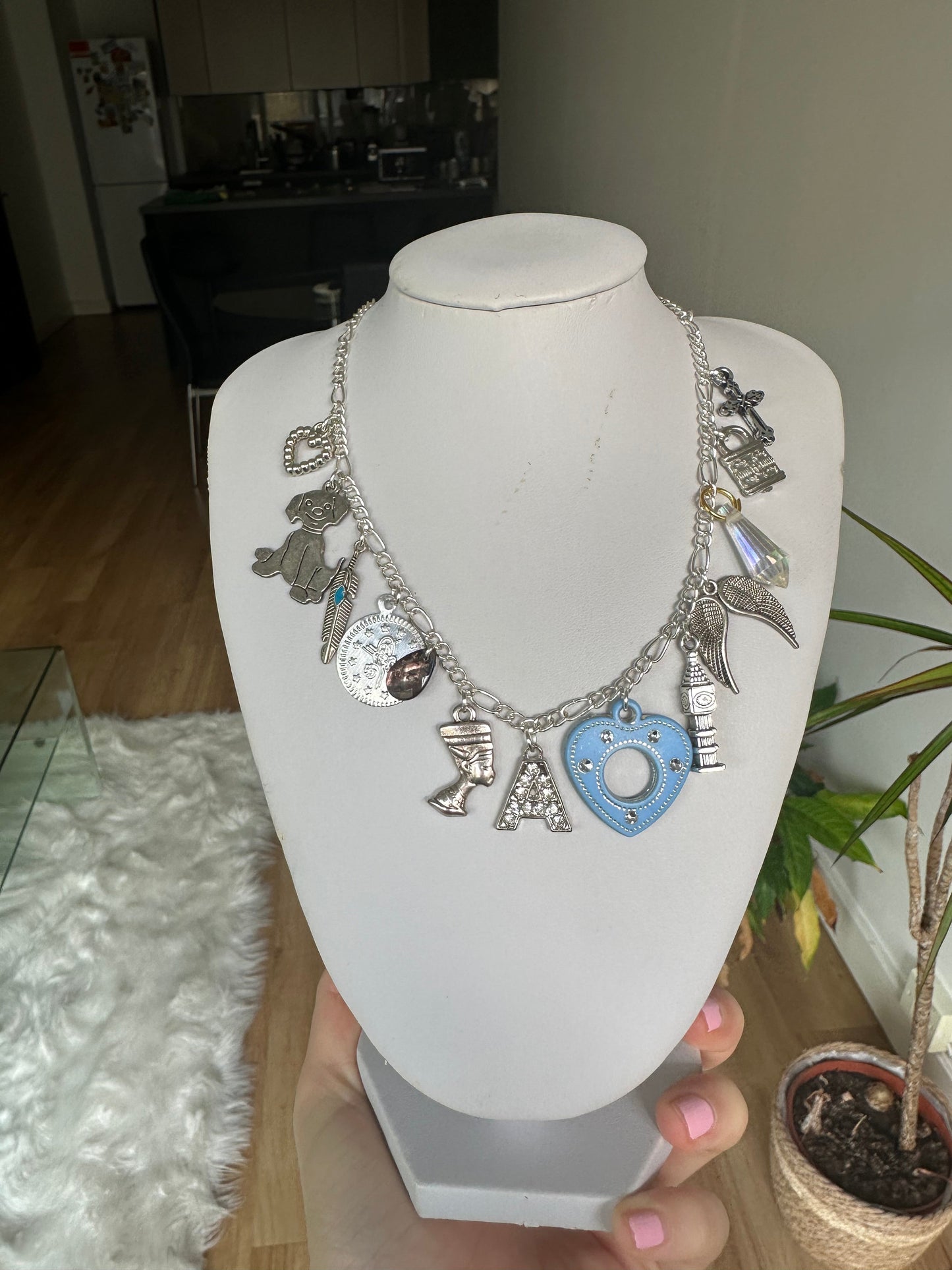 Silver multi charm initial necklace