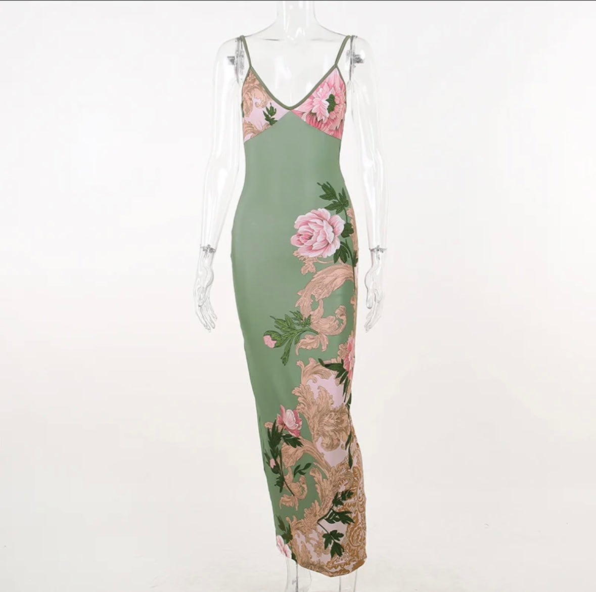 Green flower print maxi dress