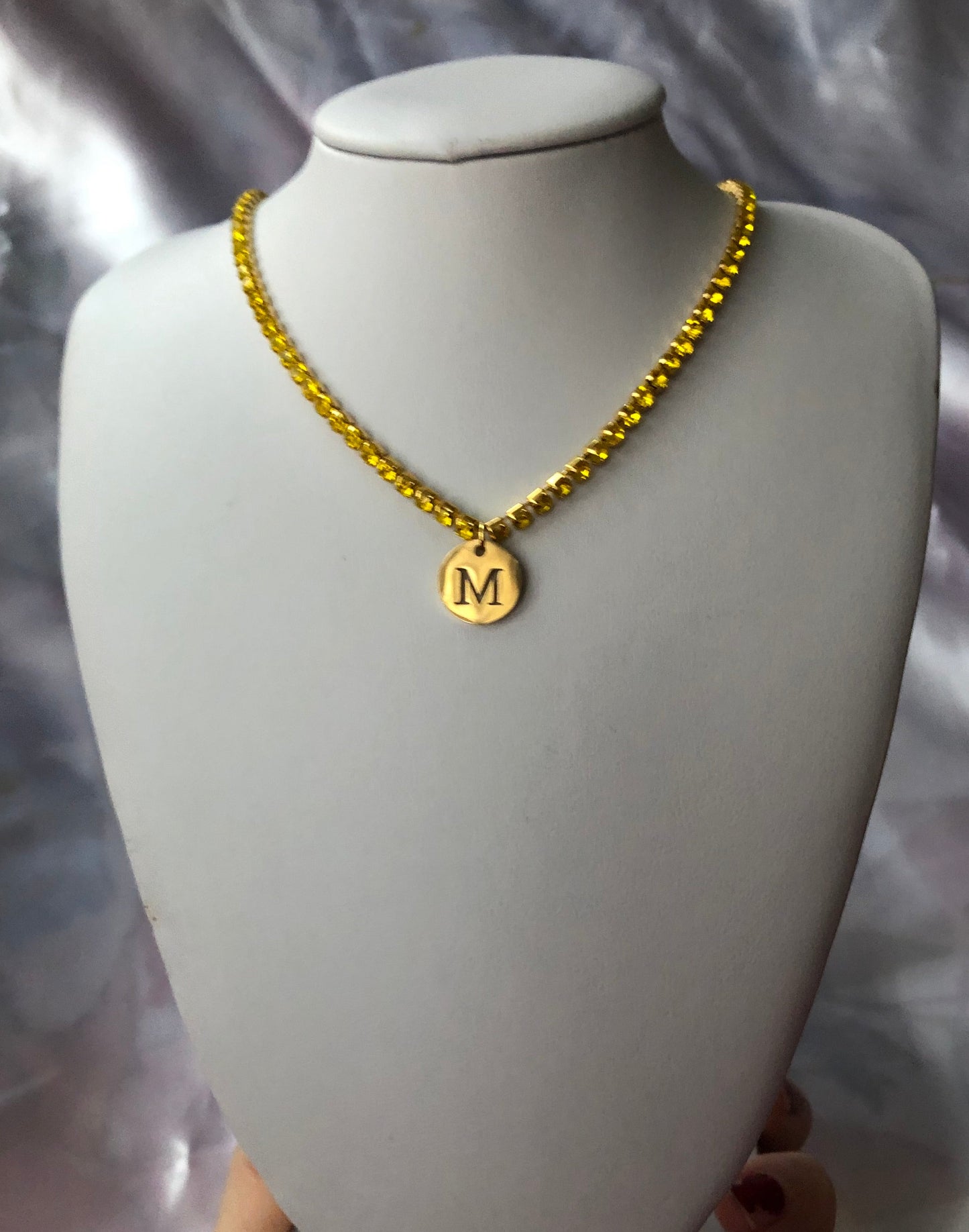 Rhinestone circle letter necklace