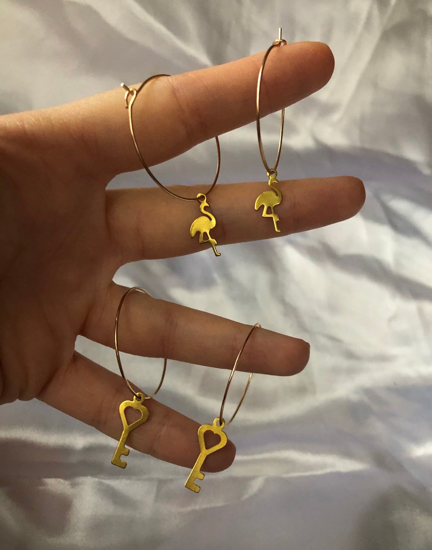 Love key/flamingo pendant hoops