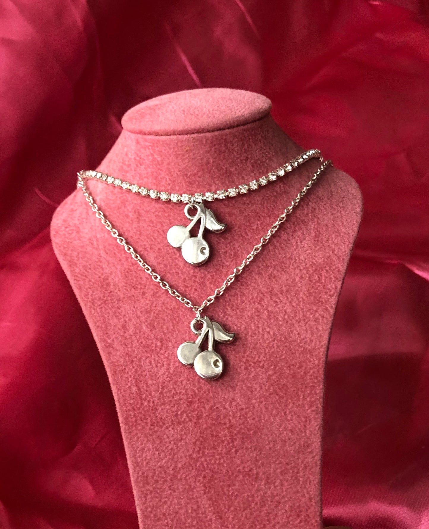 Silver cherries pendant necklace