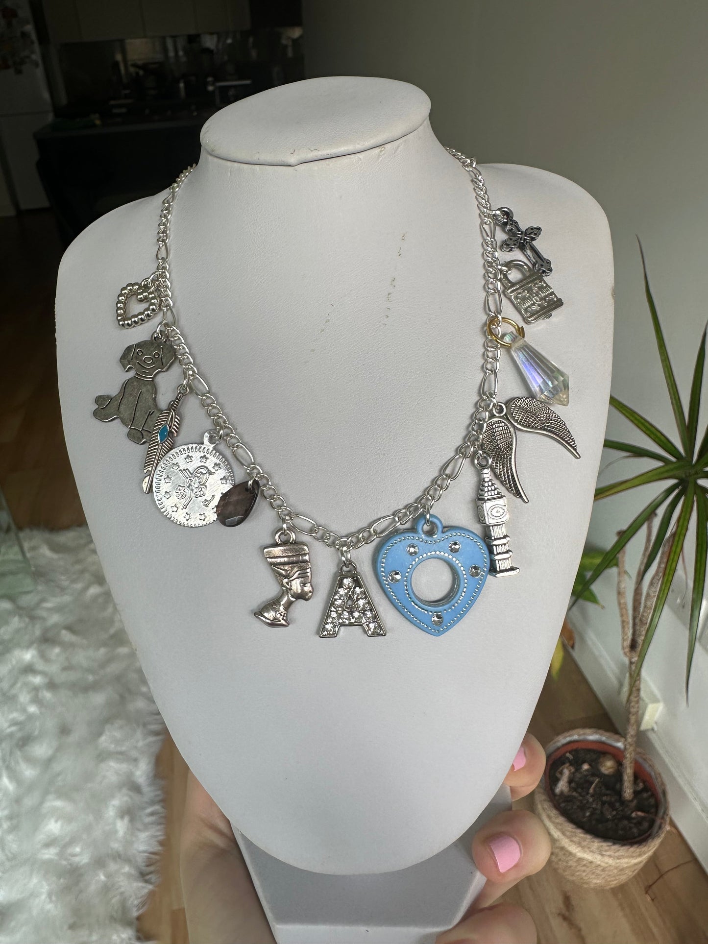 Silver multi charm initial necklace