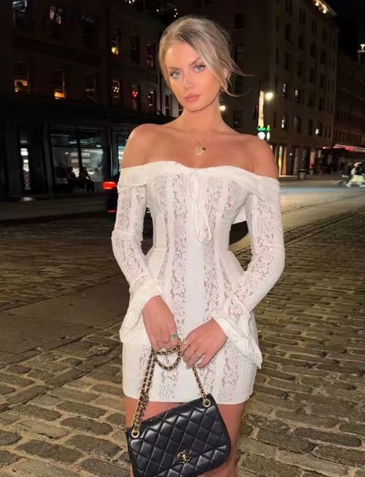White mini lace transparent dress