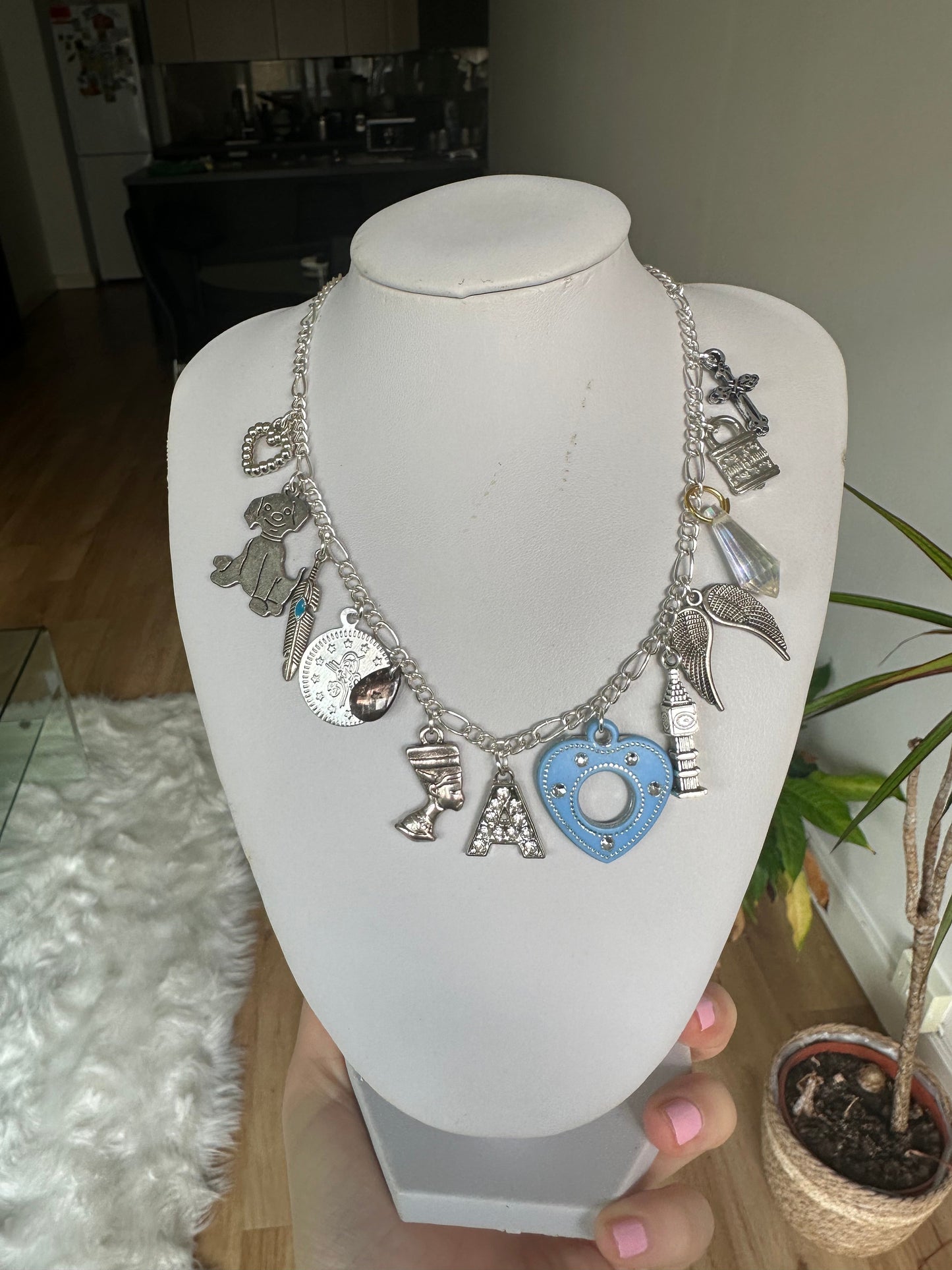 Silver multi charm initial necklace