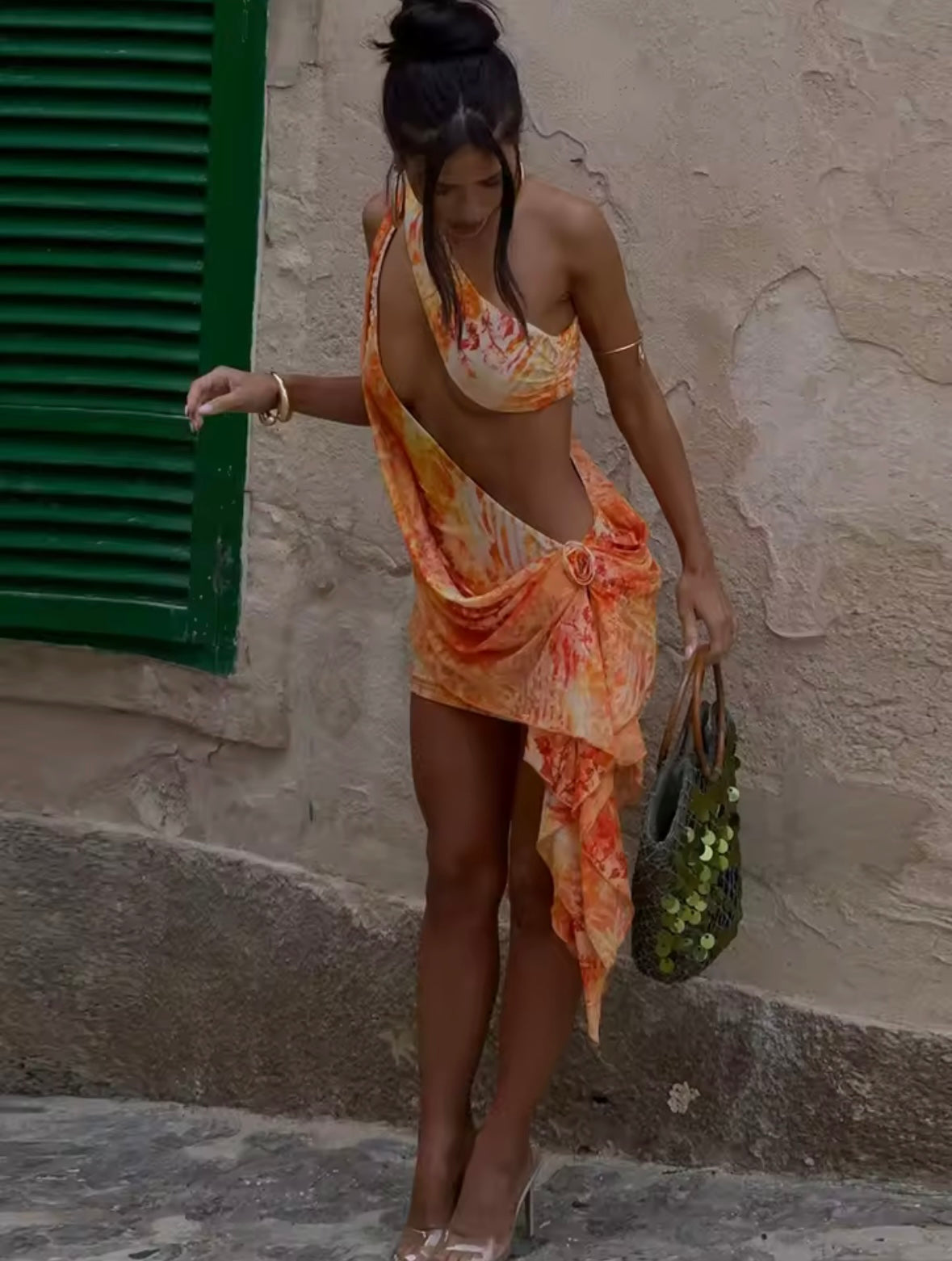 Orange drape mini dress