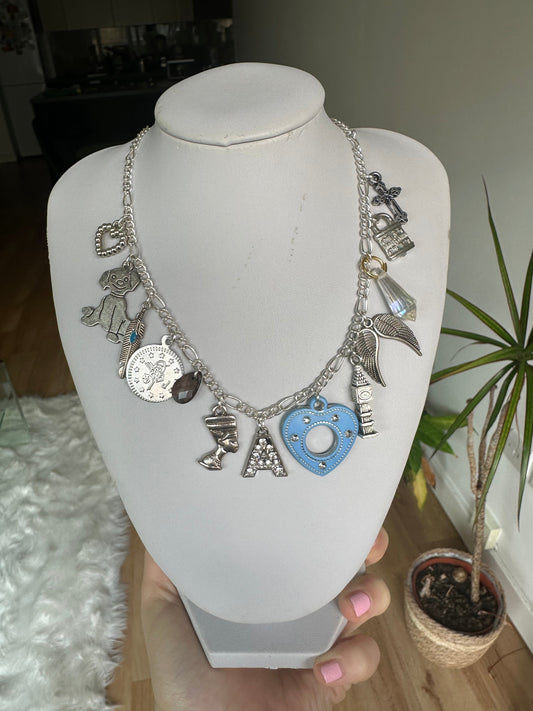 Silver multi charm initial necklace