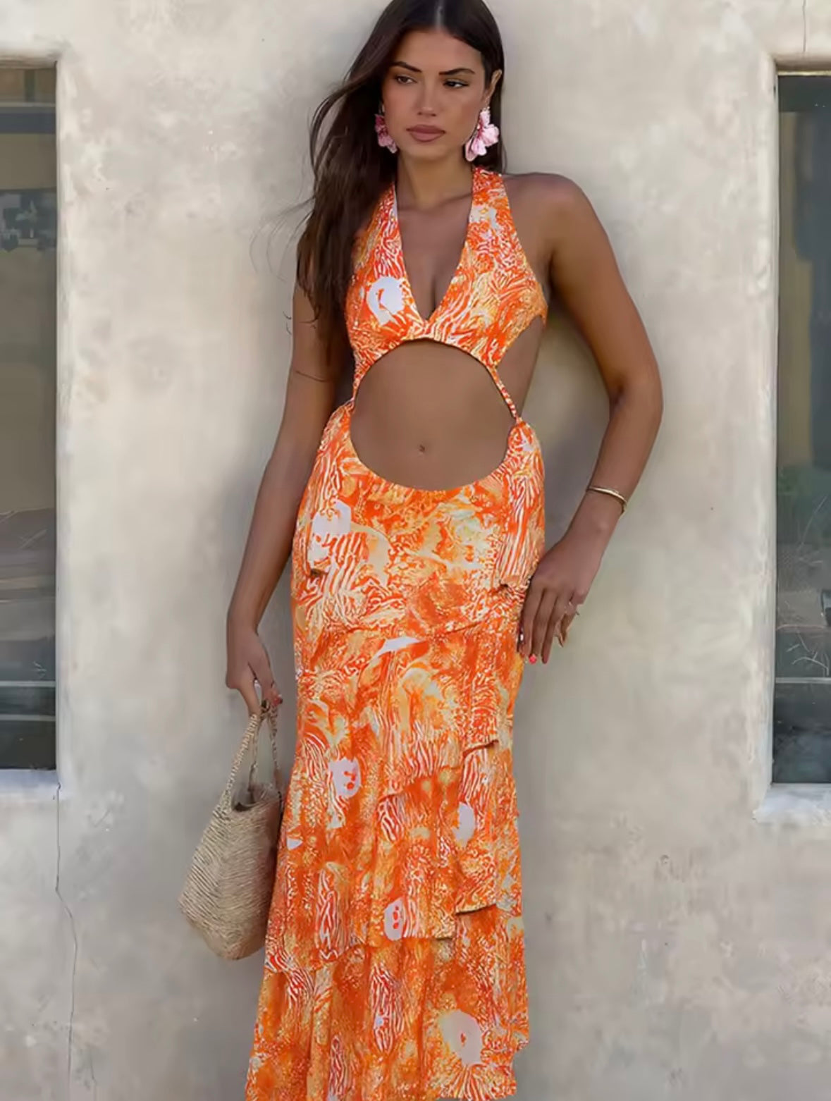 Orange cut out print maxi dress