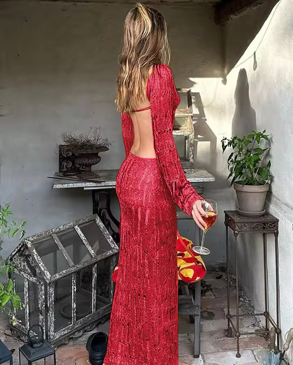 Knitted crochet backless maxi dress M / Black