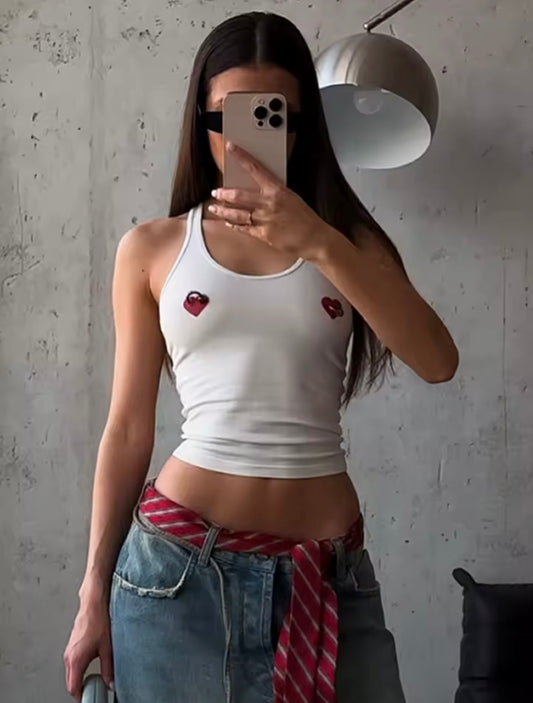 Heart print faux piercing crop top