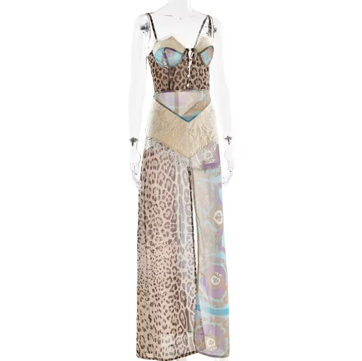 See through leopard print maxi dress