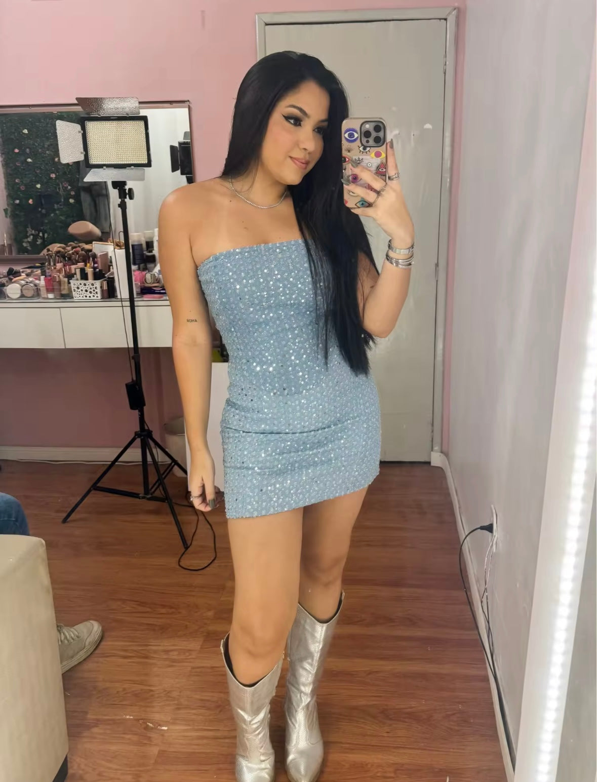 Sequin denim two piece set