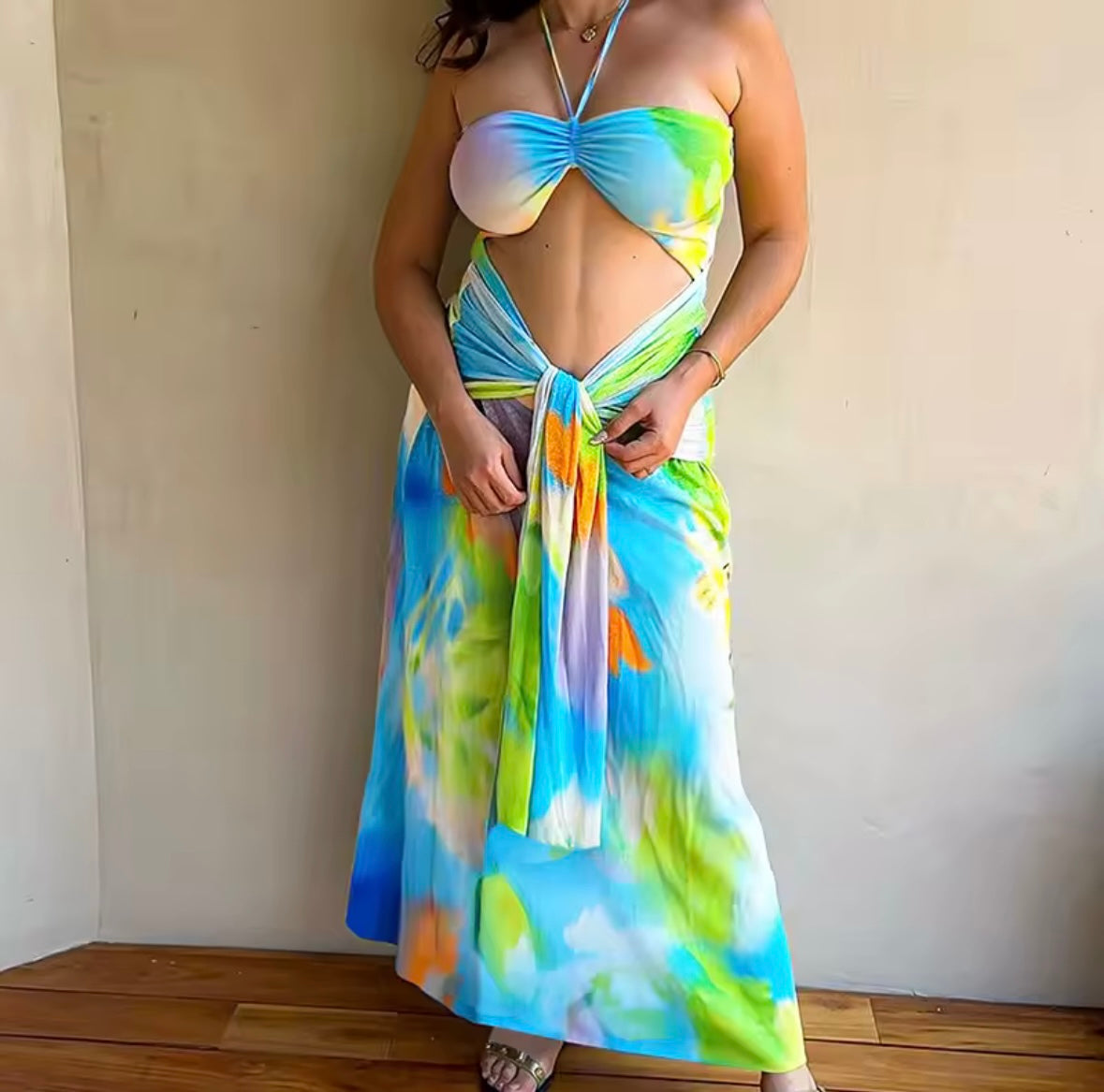 Multi-coloured cut out maxi dress