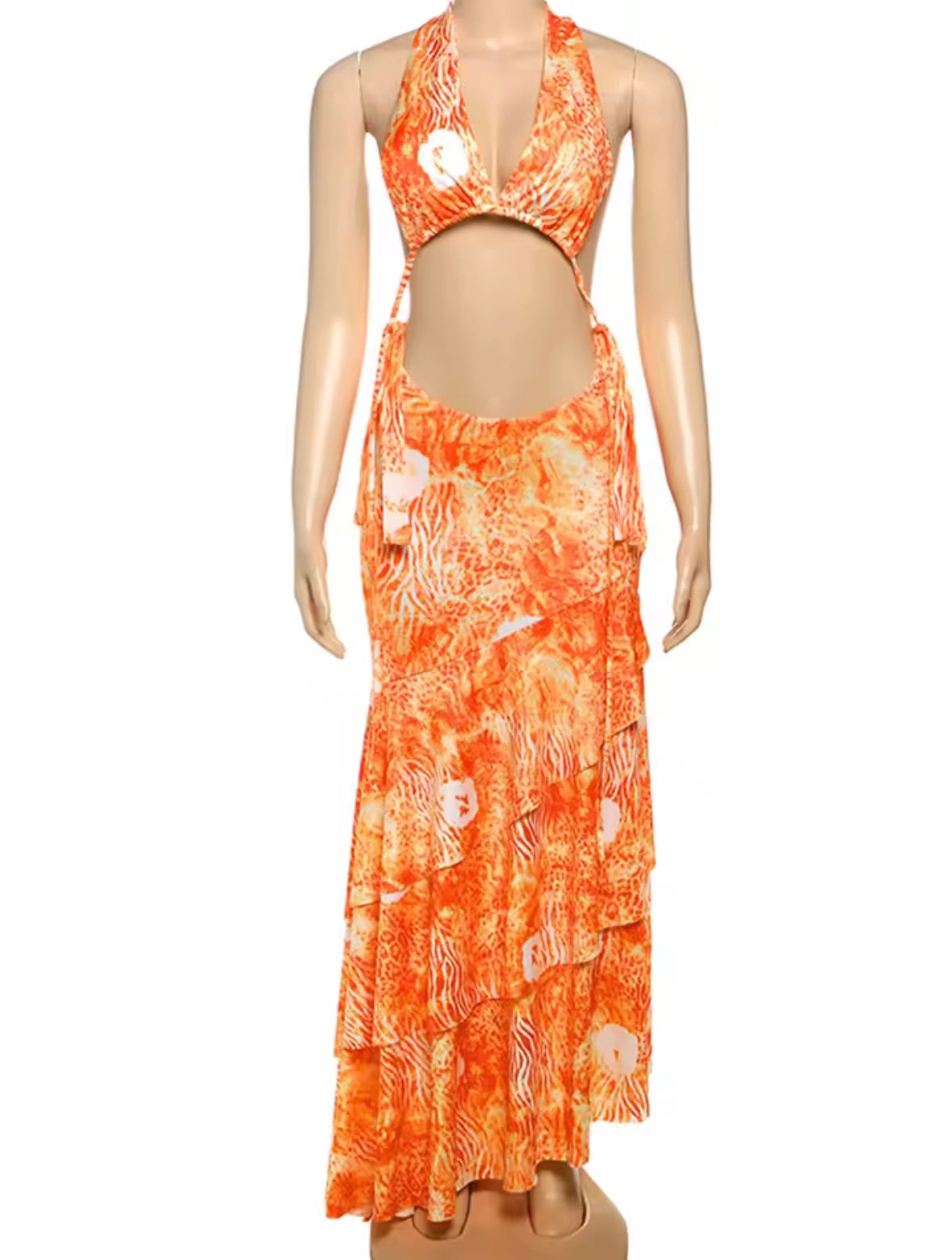 Orange cut out print maxi dress