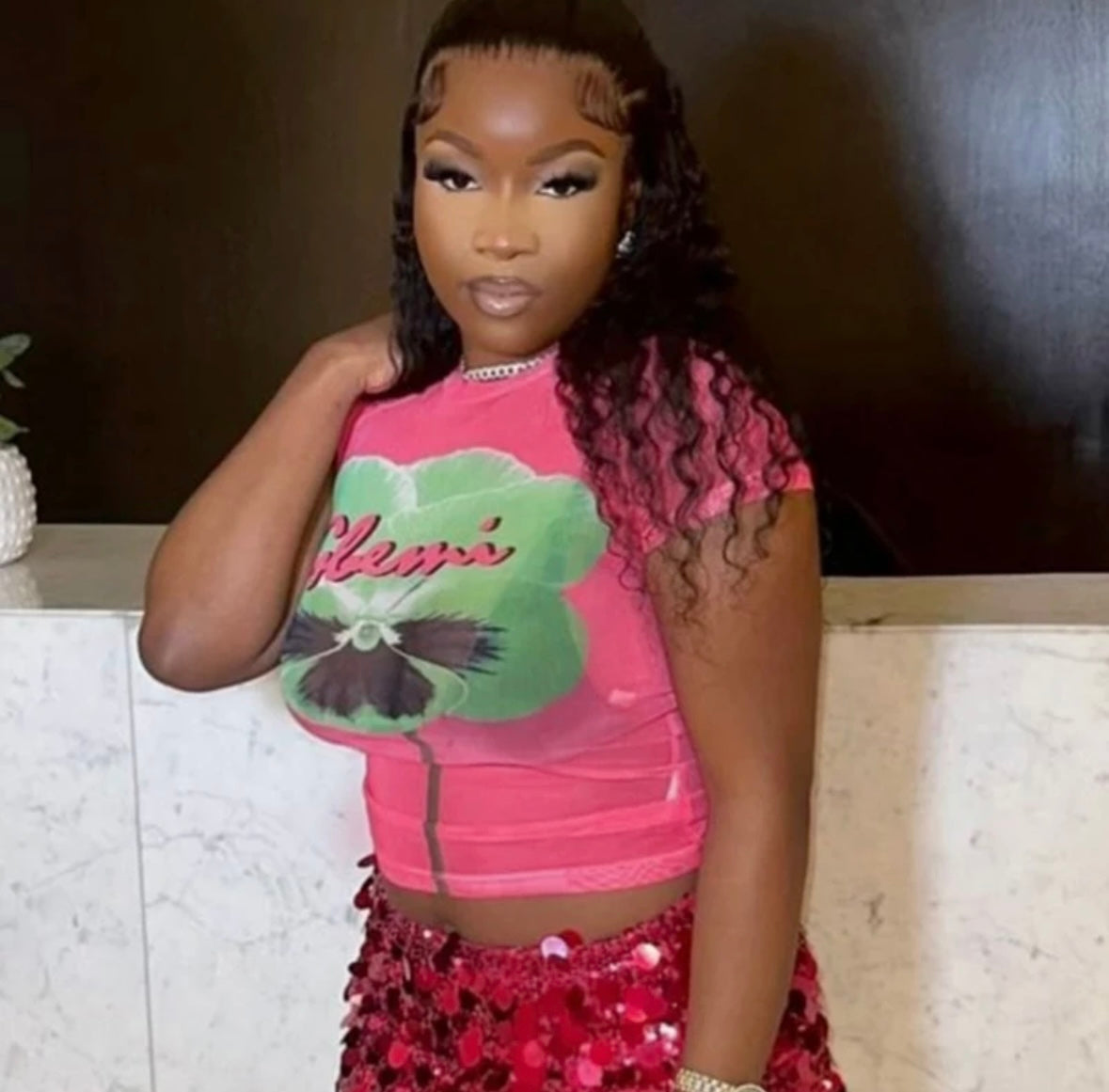 Pink mesh print top