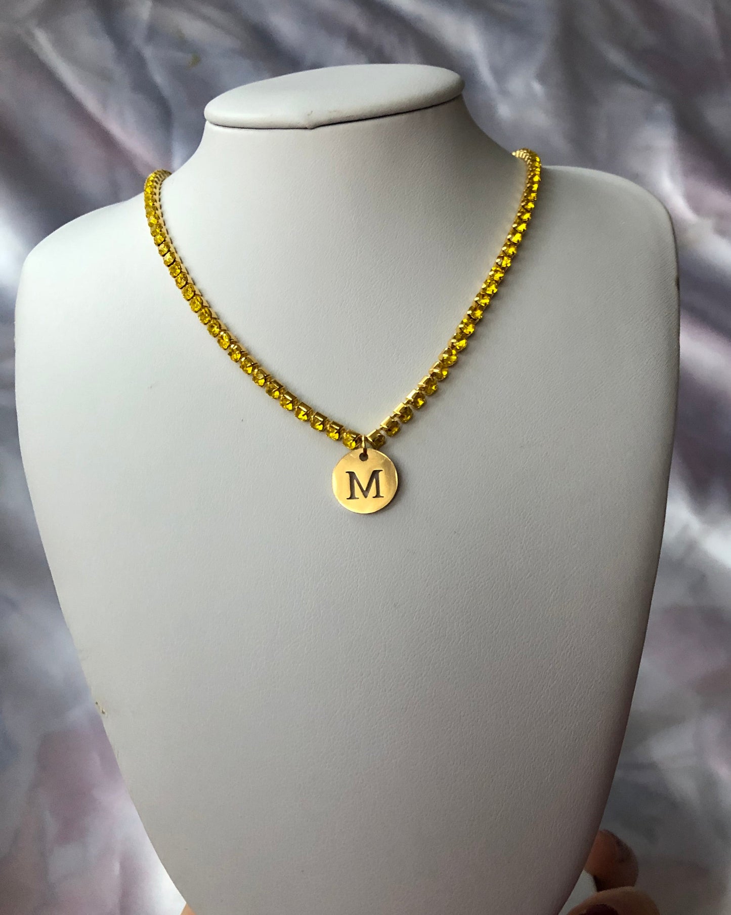 Rhinestone circle letter necklace