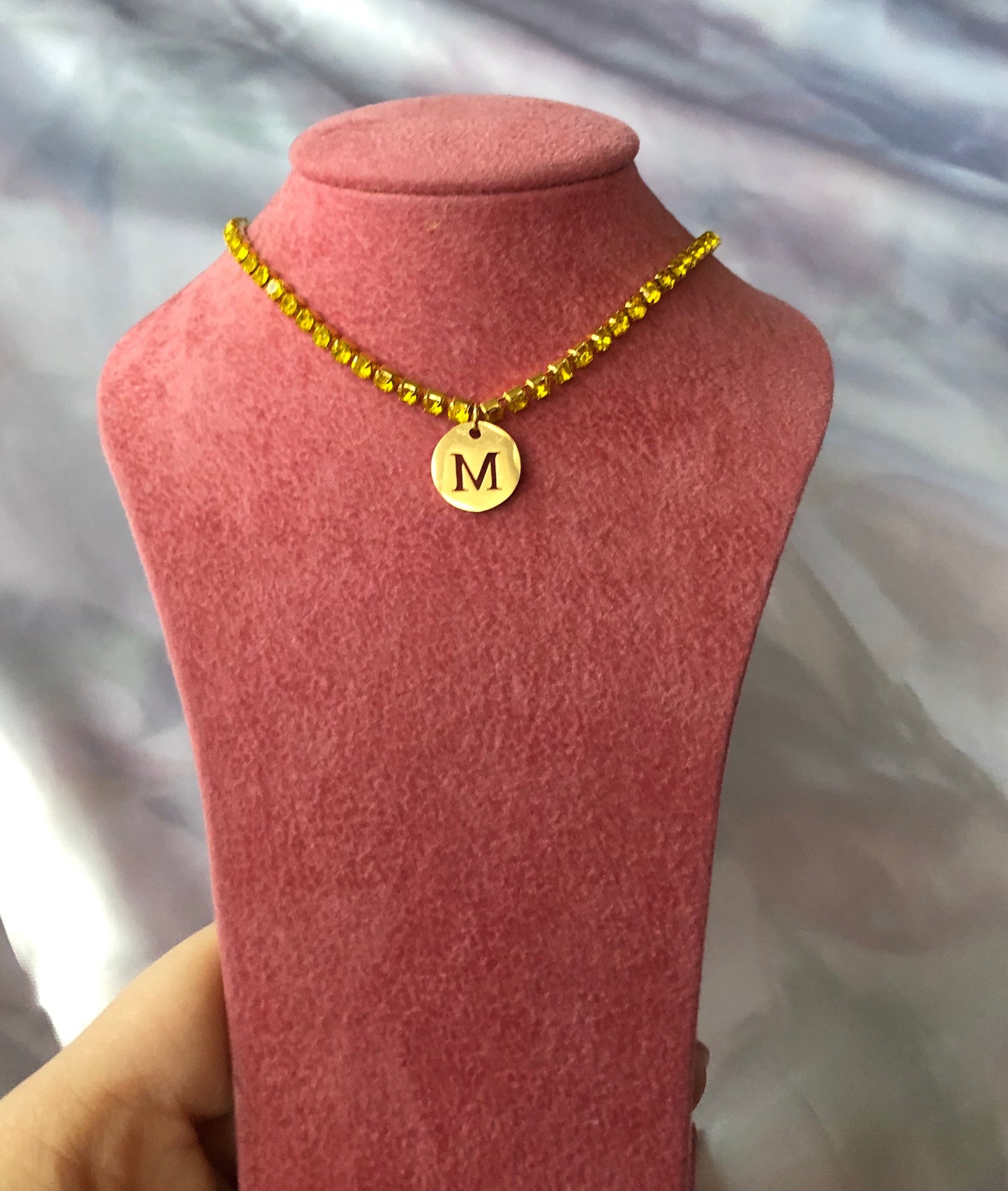 Rhinestone circle letter necklace
