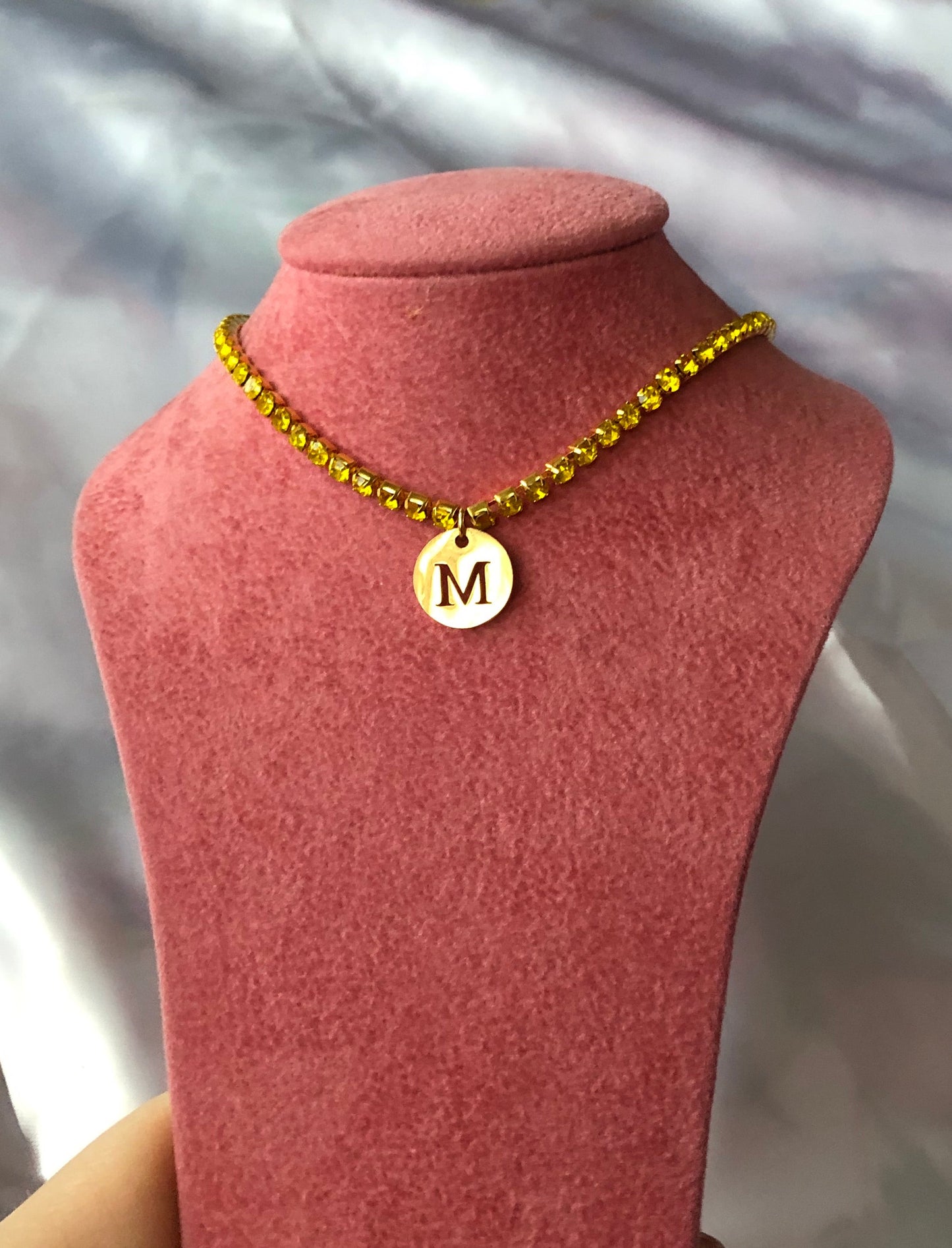 Rhinestone circle letter necklace